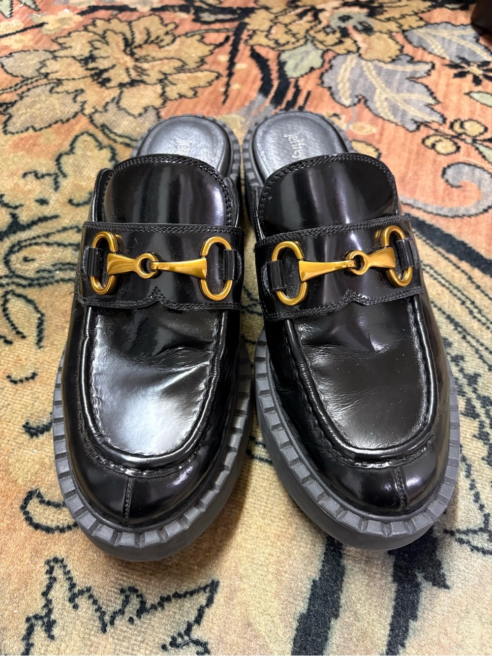 Jeffrey Campbell Black Patent Leather Mule Loafers with Gold Hardware - Picture 2 of 6